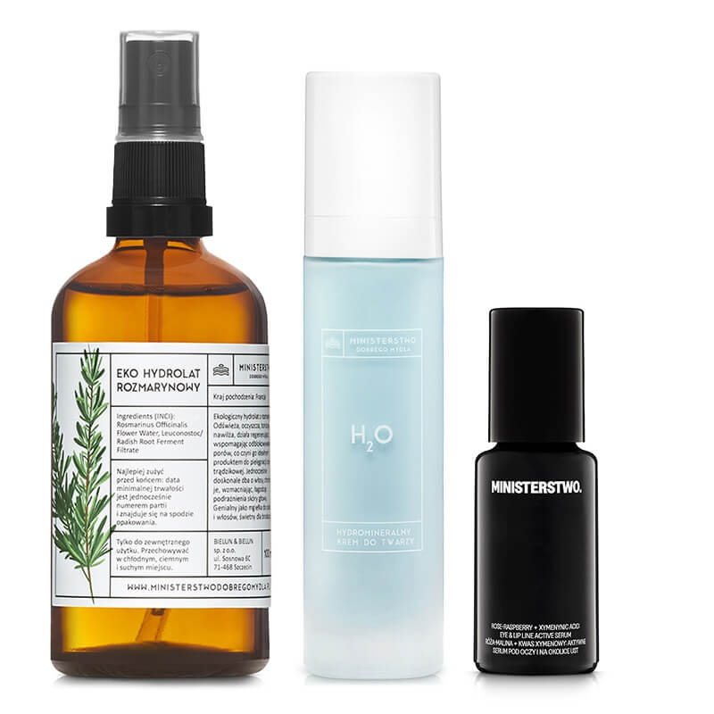Ministerstwo Dobrego Mydła Rozmaryn + H2O + Róża - Malina + Kwas Xymenowy ZESTAW Hydrolat 100 ml + Krem 50 ml + Serum pod oczy i na okolice ust 15 ml