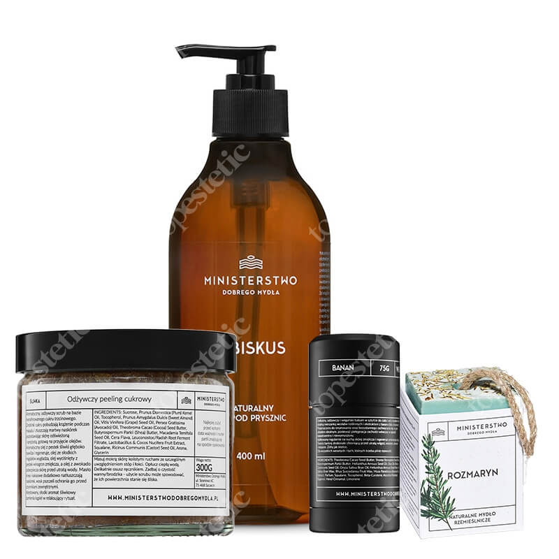 Ministerstwo Dobrego Mydła Rozmaryn + Śliwka + Hibiskus + Banan ZESTAW Mydło z masłami i olejami roślinnymi 100 g + Peeling cukrowy 300 g + Żel pod prysznic 400 ml + Balsam w sztyfcie 75 g