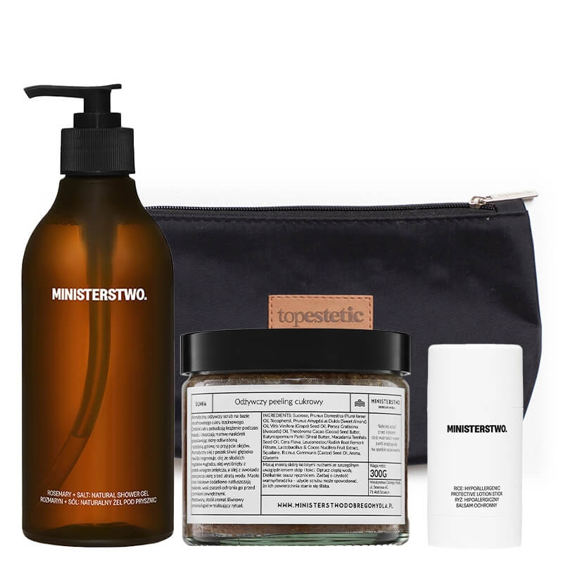 Ministerstwo Dobrego Mydła Rozmaryn + Sól + Śliwka + Ryż ZESTAW Żel pod prysznic 400 ml + Peeling cukrowy 300 g + Balsam do ciała w sztyfcie 75 g + Kosmetyczka 1 szt
