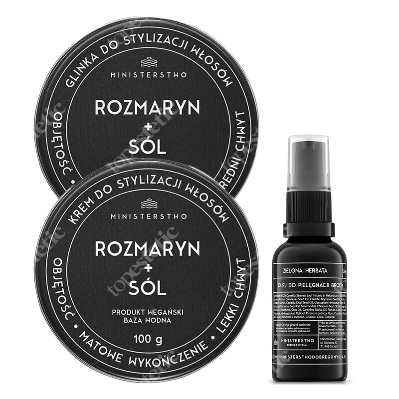 Ministerstwo Dobrego Mydła Rozmaryn + Sól + Zielona Herbata ZESTAW Glinka do stylizacji włosów 100 g + Krem prestyler do stylizacji włosów 100 g + Olej do brody 30 ml