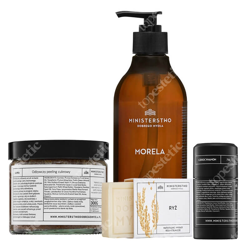 Ministerstwo Dobrego Mydła Ryż + Śliwka + Morela + Czekocynamon ZESTAW Mydło z masłem shea 100 g + Peeling cukrowy 300 g + Żel pod prysznic 400 ml + Balsam w sztyfcie 75 g
