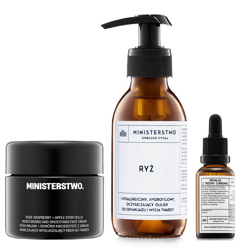 Ministerstwo Dobrego Mydła Ryż + Trzcina Cukrowa + Róża - Malina ZESTAW Hydrofilowy olejek do mycia 140 ml + Skwalan 30 ml + Krem do twarzy 50 ml
