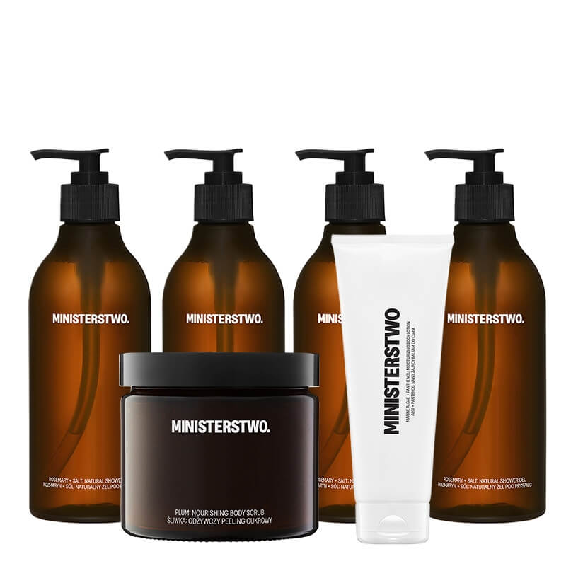 Ministerstwo Dobrego Mydła Shower Care Set ZESTAW Żel pod prysznic 4 x 400 ml + Peeling cukrowy 400 ml + Nawilżający balsam 250 ml