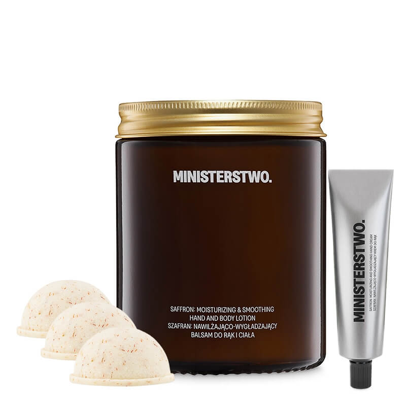Ministerstwo Dobrego Mydła Szafran Body Beauty Set ZESTAW Półkula do kąpieli 60 g x 3 + Krem do rąk 50 ml + Odżywczy balsam do ciała 160 ml