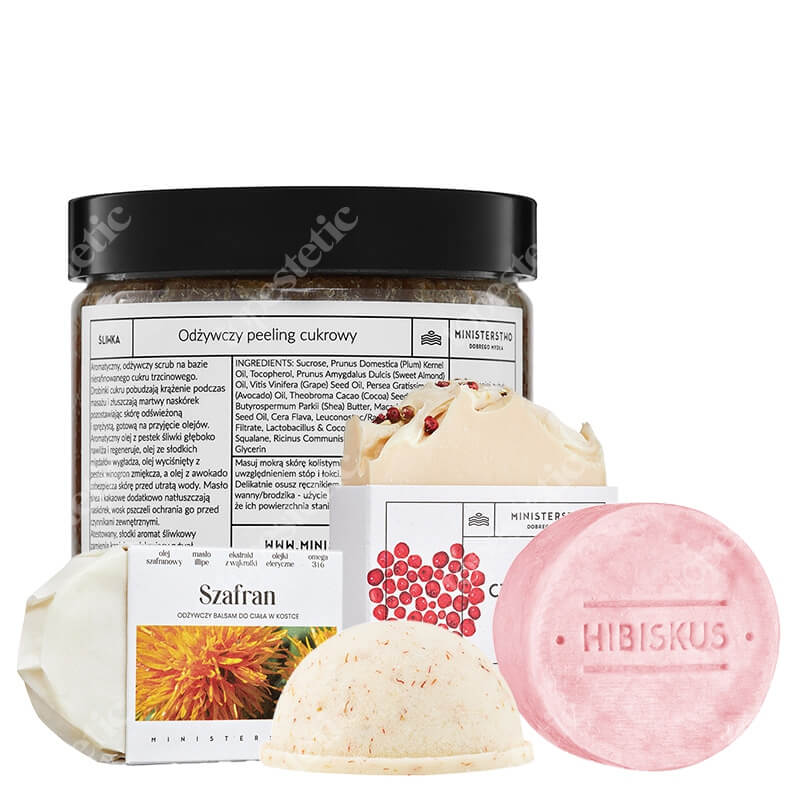 Ministerstwo Dobrego Mydła Szafran + Czerwony Pieprz + Śliwka + Hibiskus ZESTAW Półkula 60 g + Mydło 100 g + Peeling 300 g + Szampon 85 g + Balsam 75 g