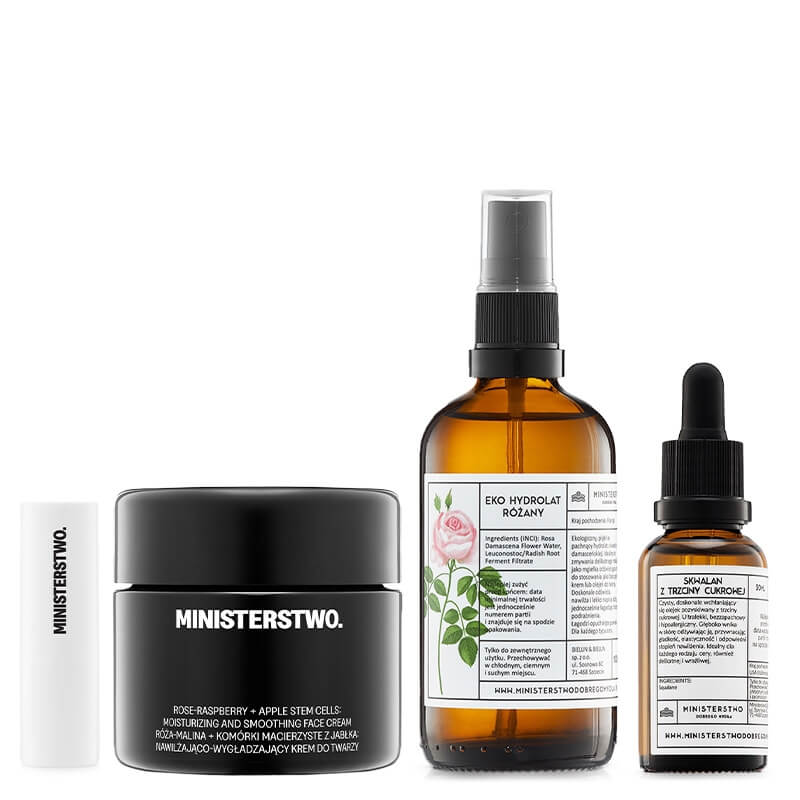 Ministerstwo Dobrego Mydła Trzcina Cukrowa + Róża - Malina ZESTAW Hydrolat różany 100 ml + Skwalan 30 ml + Krem 50 ml + Pomadka 4,5 g