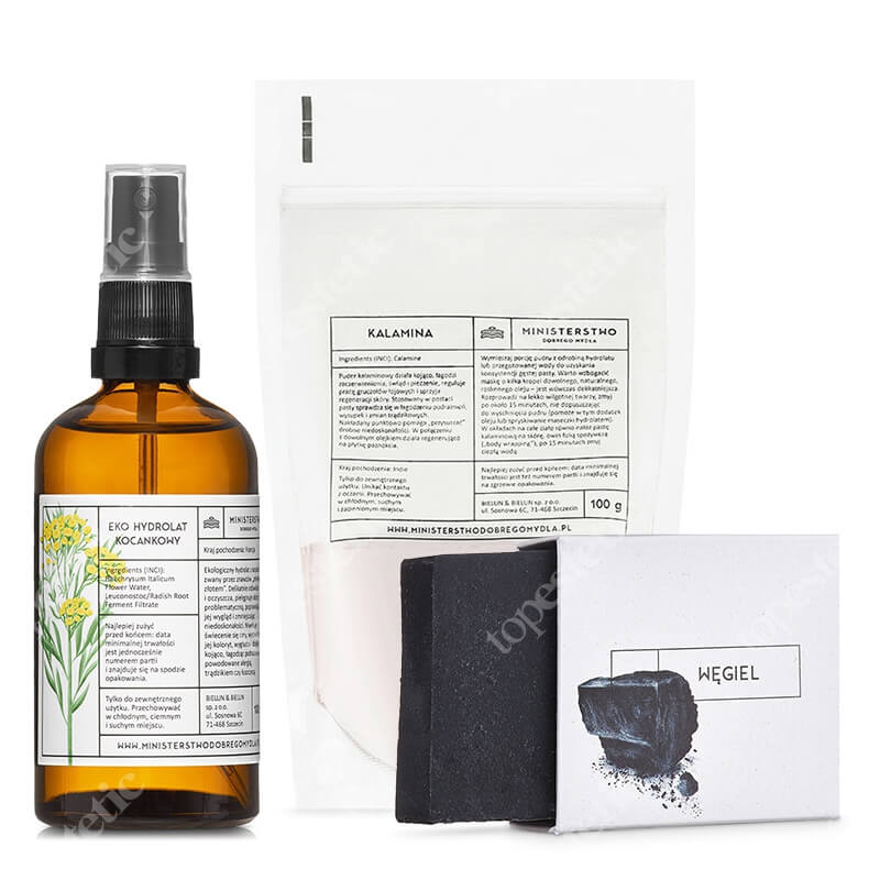 Ministerstwo Dobrego Mydła Węgiel + Kocanka + Kalamina ZESTAW Mydło z masłem shea 100 g + Hydrolat kocankowy 100 ml + Puszysty puder kalaminowy 100 g