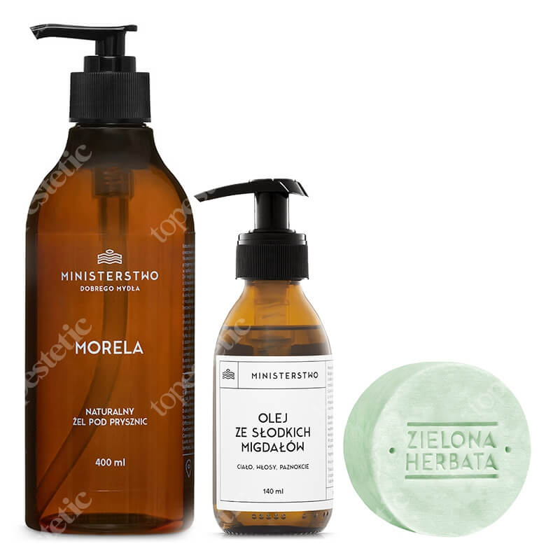 Ministerstwo Dobrego Mydła Zielona Herbata + Morela + Słodkie Migdały ZESTAW 3w1 szampon w kostce 85 g + Żel pod prysznic 400 ml + Zimnotłoczony, nierafinowany, delikatny olej 140 ml