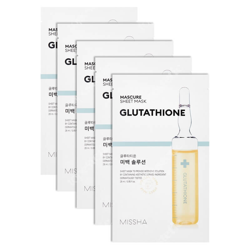 Missha Mascure Whitening Solution Sheet Mask Glutathione x 5 ZESTAW Rozjaśniająca maseczka w płachcie 28 ml x 5