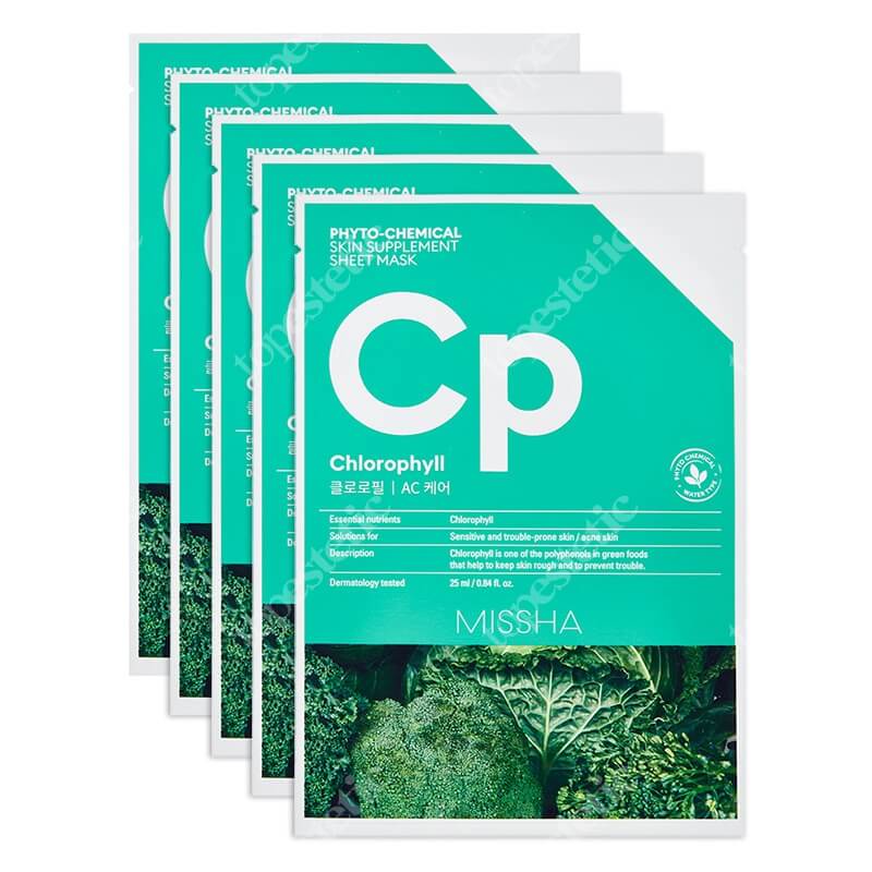 Missha Phytochemical Skin Supplement Sheet Mask (Chlorophyll) Maseczka w zielonej płachcie, łagodzi podrażnioną skórę 5 x 25 ml