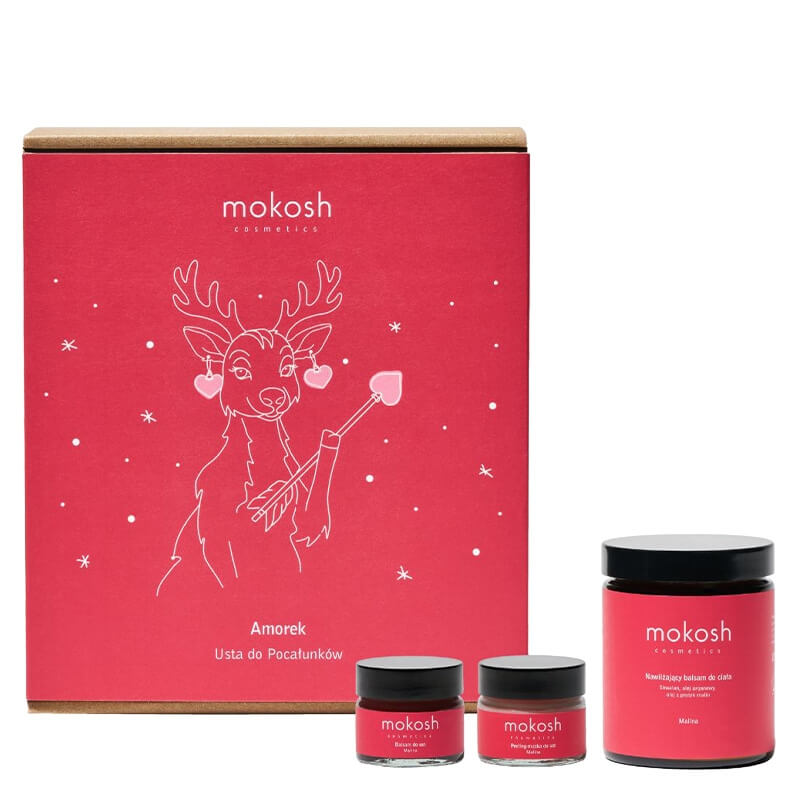 Mokosh Amorek – Usta do Pocałunków ZESTAW Peeling do ust - Malina 15 ml + Balsam do ust - Malina 15 ml + Balsam do ciała - Malina 180 ml