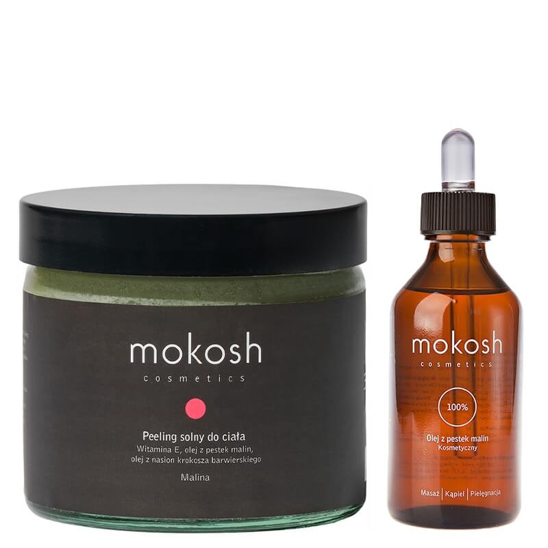 Mokosh Body Care Raspberry Set ZESTAW Peeling do ciała - Malina 250 ml + Olej z pestek malin Bio, nierafinowany, kosmetyczny 100 ml
