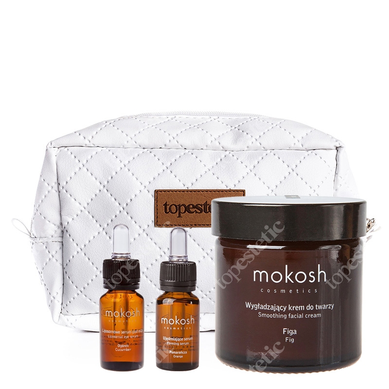 Mokosh Figa z Pomarańczą i Ogórkiem ZESTAW Serum pod oczy ogórek 12 ml + Serum pomarańcza 12 ml + Krem do twarzy Figa 60 ml + Kosmetyczka