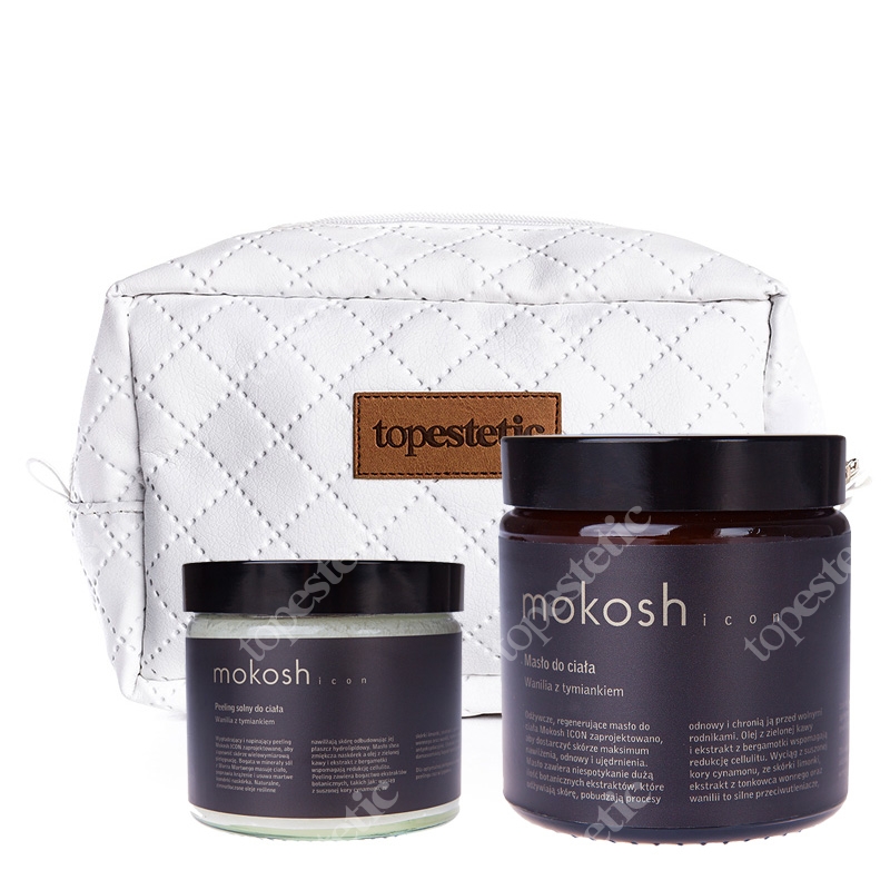 Mokosh Icon Masło + Peeling Solny Do Ciała ZESTAW Masło wanilia z tymiankiem 120 ml + Peeling wanilia z tymiankiem 30 g + kosmetyczka