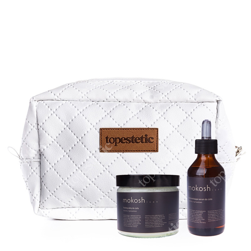 Mokosh Icon Rozświetlające Serum + Peeling Solny ZESTAW Serum wanilia z tymiankiem 100 ml + Peeling wanilia z tymiankiem 30 g + kosmetyczka
