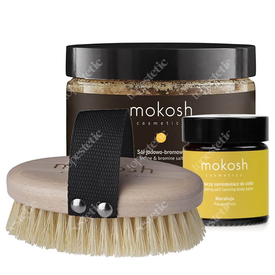 Mokosh Iodine & Bromine Salt + Body Massage Brush + Nourishing Self - Tanning Body Balm Marakuja ZESTAW Sól jodowo-bromowa 600 g + Szczotka do masażu ciała 1 szt. + Samoopalacz do ciała - Marakuja 30 ml (gratis)