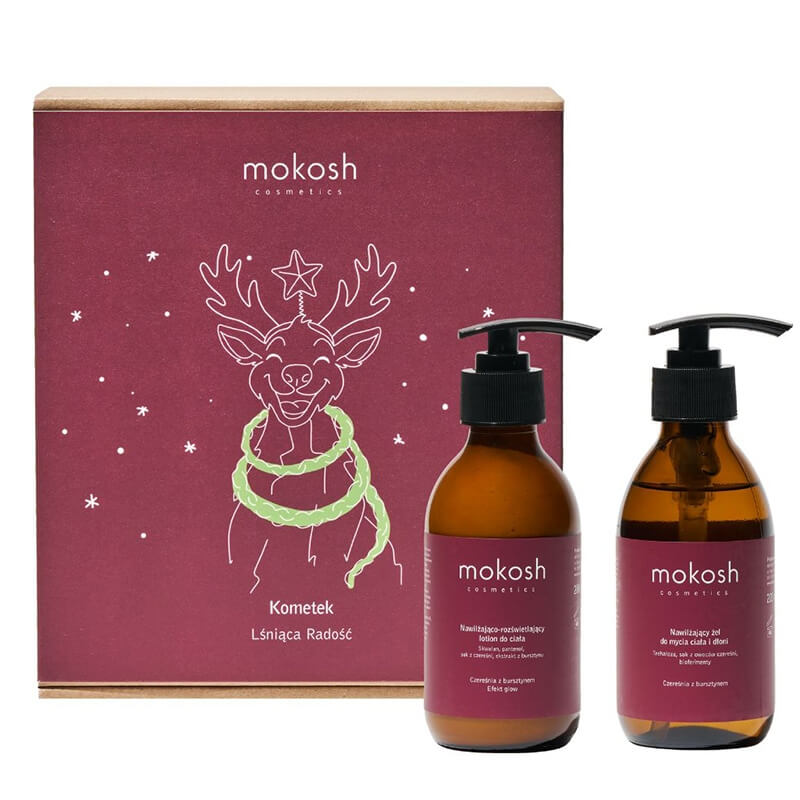 Mokosh Kometek – Lśniąca Radość ZESTAW Nawilżający żel do mycia ciała 200 ml + Nawilżająco-rozświetlający lotion do ciała - Czereśnia z bursztynem 200 ml