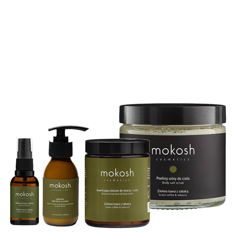 Mokosh Men's Care- Green Coffee and Tabacco ZESTAW Peeling solny do ciała 300 g + Balsam do ciała i twarzy 180 ml + Łagodzący krem po goleniu 90 ml + Oleje do brody i włosów 30 ml