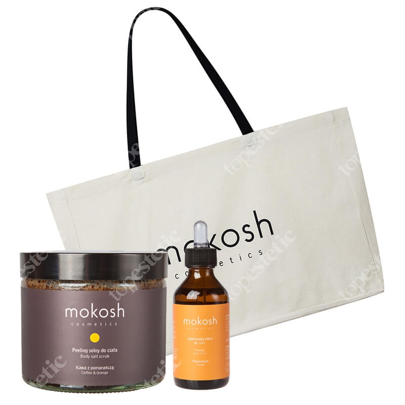 Mokosh Orange Body Set ZESTAW Peeling solny do ciała - kawa z pomarańczą 300 g + Ujędrniający eliksir do ciała - Pomarańcza 100 ml + Bawełniana torba 1 szt
