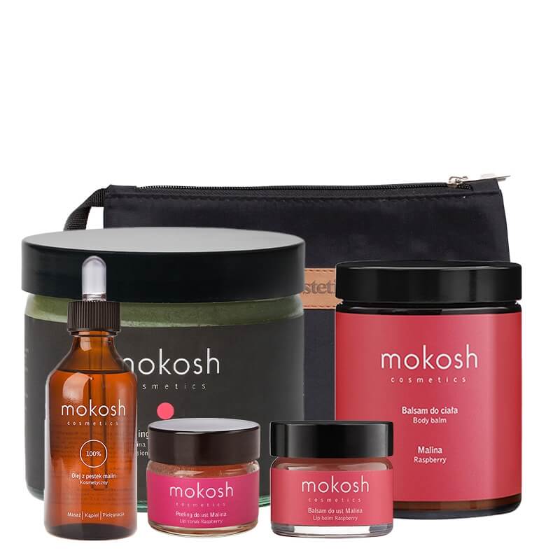 Mokosh Raspberry Total Care Set ZESTAW Balsam do ciała 180 ml + Peeling do ciała 250 ml + Balsam do ust 15 ml + Peeling do ust 15 ml + Olej z pestek Malin 100 ml