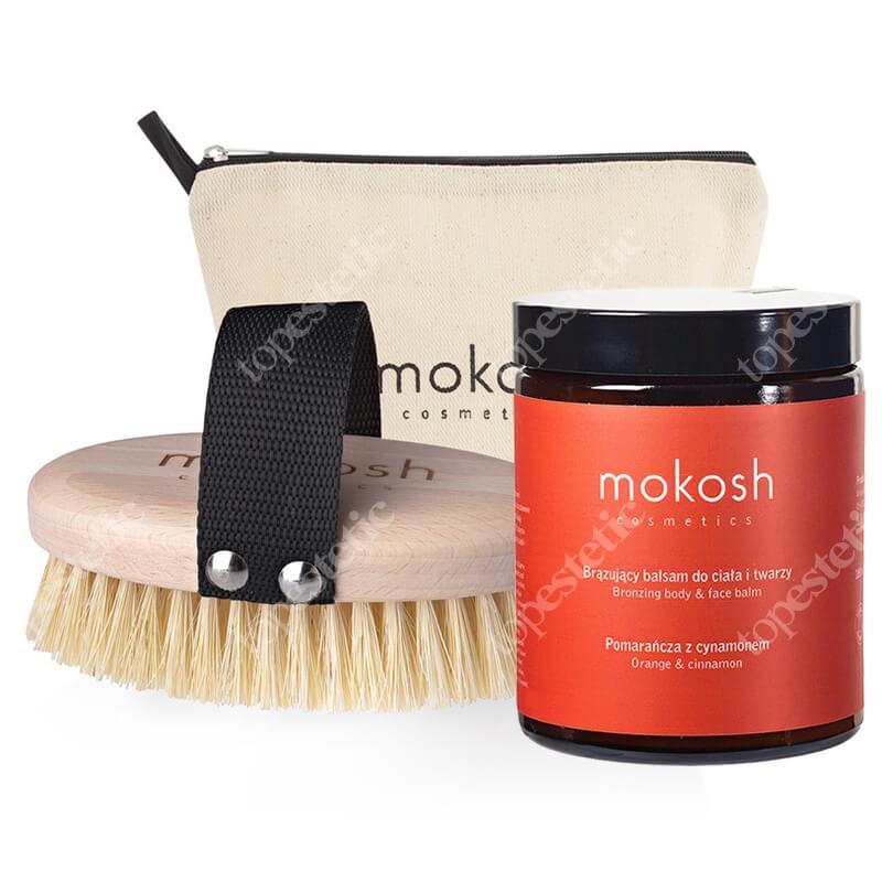 Mokosh Special Set ZESTAW Brązujący balsam do ciała i twarzy, Pomarańcza z cynamonem 180 ml + Szczotka do masażu ciała 1 szt + Kosmetyczka 1 szt