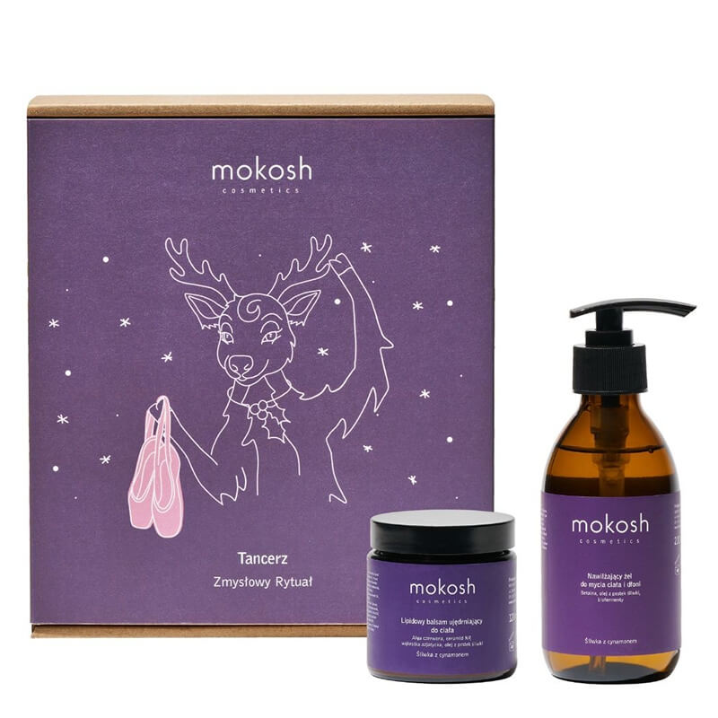 Mokosh Tancerz – Zmysłowy Rytuał ZESTAW Nawilżający żel do mycia ciała i dłoni Śliwka z cynamonem 200 ml + Lipidowy balsam ujędrniający do ciała Śliwka z cynamonem 120 ml
