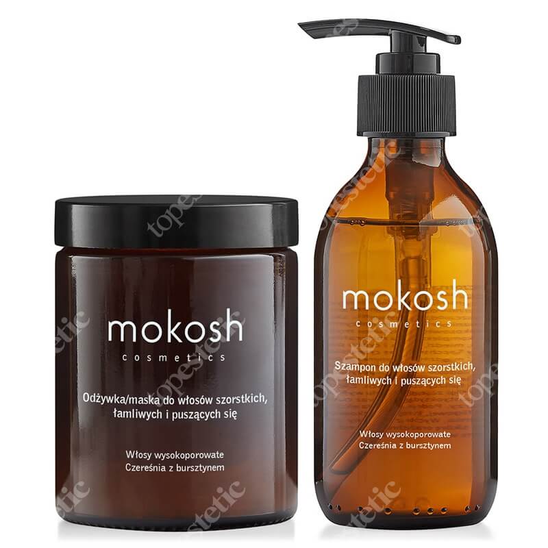 Mokosh Włosy Pełne Delikatności ZESTAW Szampon 200 ml + Odżywka 180 ml - Włosy wysokoporowate - Czereśnia z bursztynem