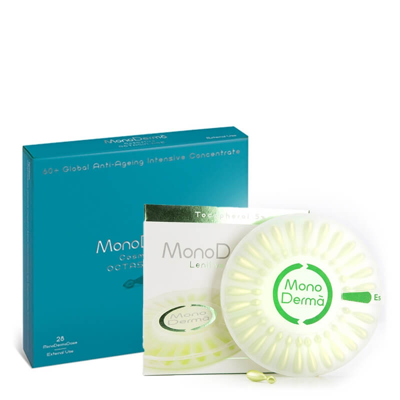 MonoDerma MonoDerma 60+ ZESTAW Zawiera czystą witaminę E (tokoferol) w stężeniu 5% - 28 kaps. + Serum przeciwstarzeniowe 28 kaps.