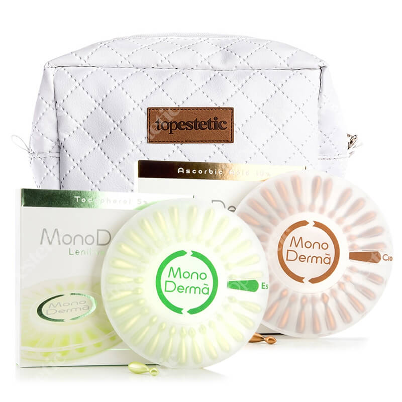 MonoDerma MonoDerma C10 + MonoDerma E5 + Kosmetyczka ZESTAW Zawiera czystą witaminę C (kwas l-askorbinowy) w stężeniu 10% - 28 kaps. + Zawiera czystą witaminę E (tokoferol) w stężeniu 5% - 28 k