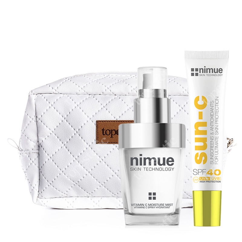 Nimue Vitamin C Moisture Mist + Sun C Sunscreen SPF 40 + Kosmetyczka ZESTAW Mgiełka z witaminą C 60 ml + Krem przeciwsłoneczny 20 ml + Biała, pikowana kosmetyczka