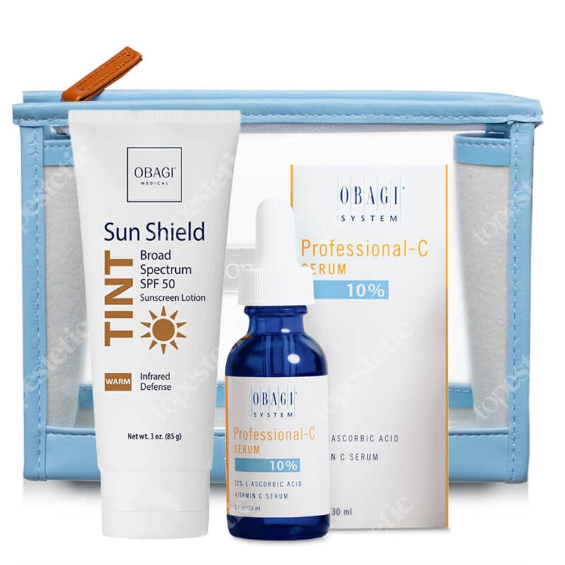 Obagi Professional - C Serum 10% + Sun Shield Tint Warm SPF 50  ZESTAW Serum w formie kwasu L-askorbinowego 30 ml + Filtr przeciwsłoneczny chroniący przed UVA/UVB i podczerwienią (odcień ciepły) 85 g + Kosmetyczka