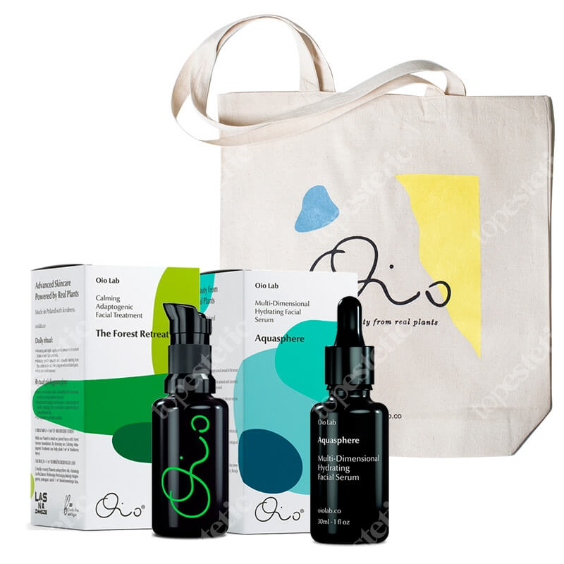 Oio Lab The Forest Retreat + Aquasphere + Oio Lab Bag ZESTAW Wyciszająca kuracja adaptogenna do twarzy 30 ml + Wielopoziomowe serum nawilżające do twarzy 30 ml + Torba 1 szt