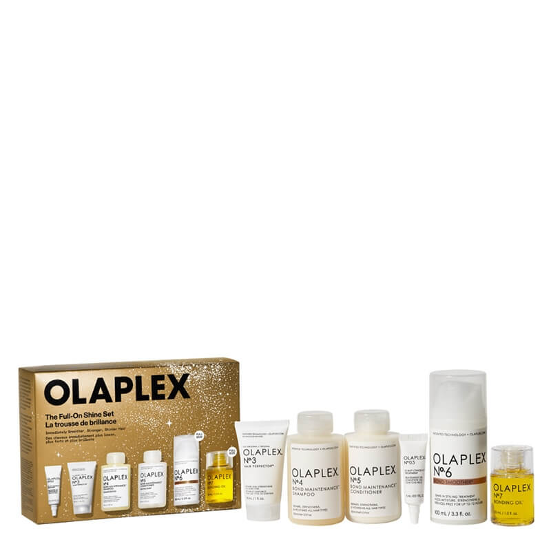 Olaplex The Full-On Shine Set ZESTAW Olaplex No.3 30 ml + Szampon No.4 100 ml + Odżywka No.5 100 ml + Serum No.0.5 5 ml + Krem No.6 100 ml + Olejek No.7 30 ml