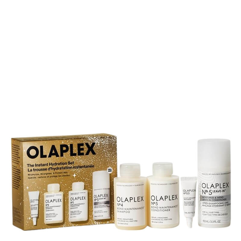 Olaplex The Instant Hydration Set ZESTAW Serum dla skóry głowy 5 ml + Szampon 100 ml + Odżywka 100 ml + Odżywka bez spłukiwania 100 ml