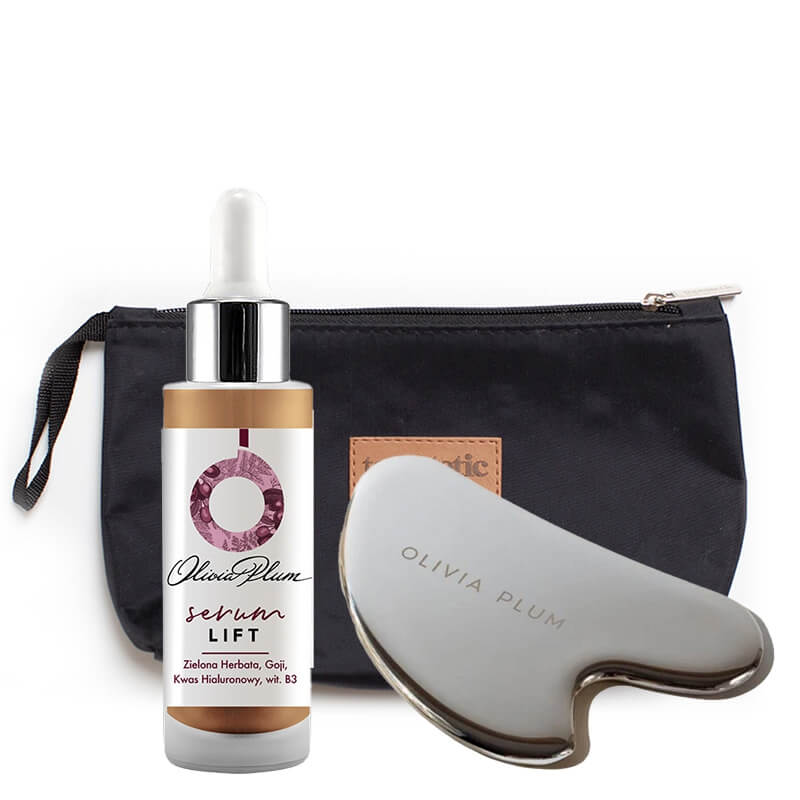 Olivia Plum Cryo Gua Sha + Lift Serum ZESTAW Płytka ze stali nierdzewnej 1 szt + Serum regenerująco wygładzające 30 ml + Kosmetyczka 1 szt