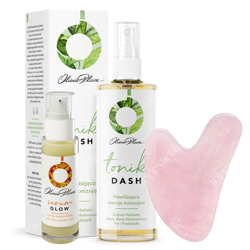 Olivia Plum Dash Tonic + Glow Serum + Gua Sha ZESTAW Esencja tonizująca 100 ml + Serum rozjaśniające 30 ml + Masażer z różowego kwarcu 1 szt.