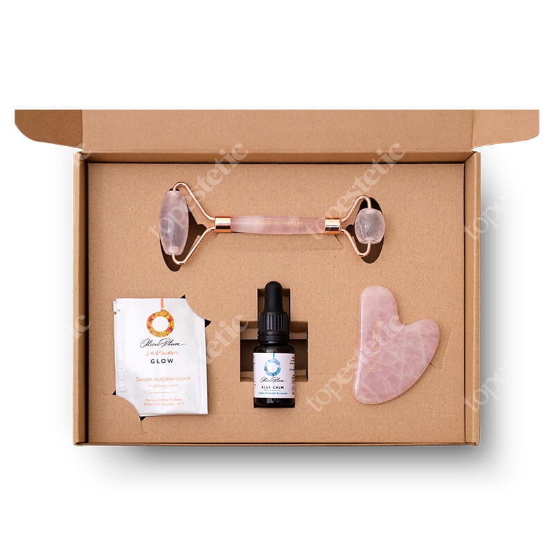 Olivia Plum Grace Pink Beauty Box ZESTAW Olejek niebieski rumianek 10 ml + Masażer z naturalnego kamienia 1 szt. + Wałeczek do masażu 1 szt.