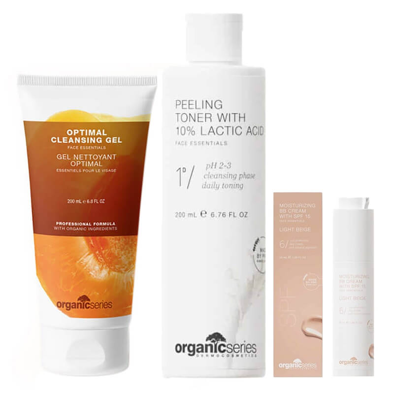 Organic Series Beauty To Go ZESTAW Żel do mycia twarzy 200 ml + Złuszczający tonik 200 ml + Krem BB z filtrem (kolor Light Beige) 50 ml