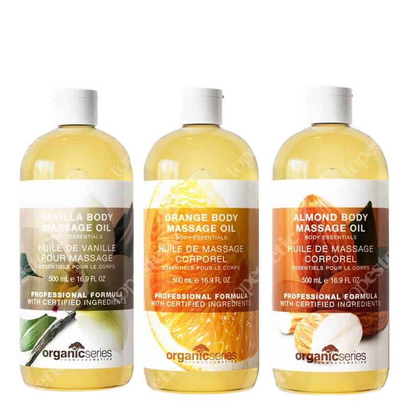 Organic Series Body Massage Oil Set ZESTAW Olejek do ciała waniliowy 500 ml + Olejek do ciała migdałowy 500 ml + Olejek do ciała pomarańczowy 500 ml