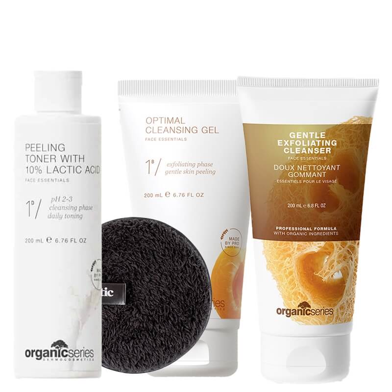 Organic Series Clean Skin ZESTAW Żel do mycia twarzy 200 ml + Peeling do mycia twarzy 200 ml + Złuszczający tonik 200 ml + Gąbka do demakijażu 1 szt