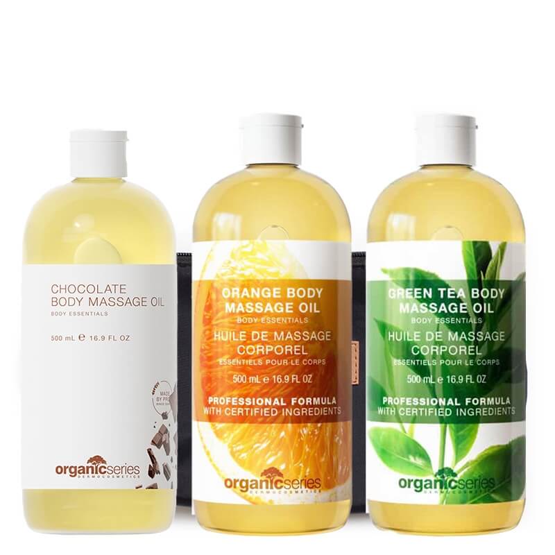 Organic Series Delicius Body Set ZESTAW Olejek do ciała czekoladowy 500 ml + Olejek do ciała pomarańczowy 500 ml + Olejek do ciała zielona herbata 500 ml + Kosmetyczka 1 szt