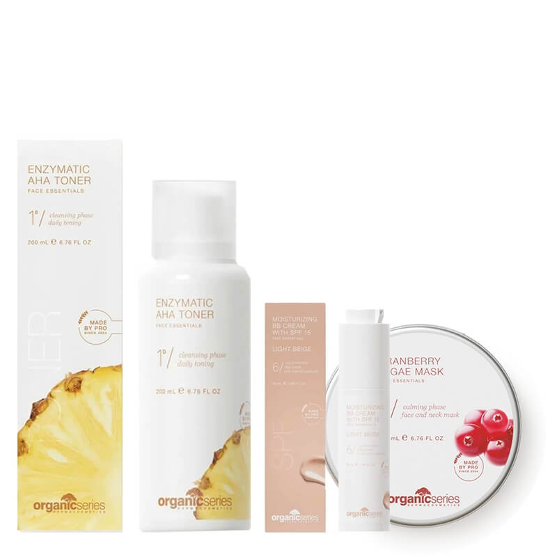 Organic Series Enzymatic Toner + Cranberry Algae Mask + Moisturizing BB Cream With SPF 15 ZESTAW Enzymatyczny tonik z kwasami AHA 200 ml + Maska algowa żurawinowa 200 ml + Krem BB z filtrem (kolor Light Beige) 50 ml