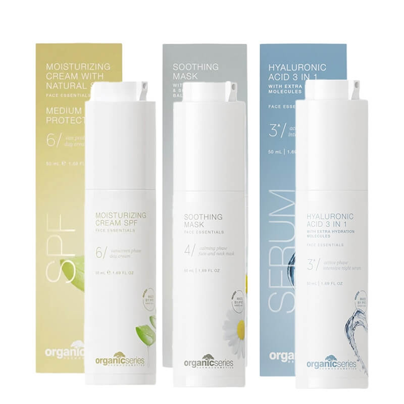 Organic Series Hydra-Infusion Trio ZESTAW Krem nawilżający z filtrem 50 ml + Maska wyciszająca 50 ml + Kwas hialuronowy 3w1 50 ml