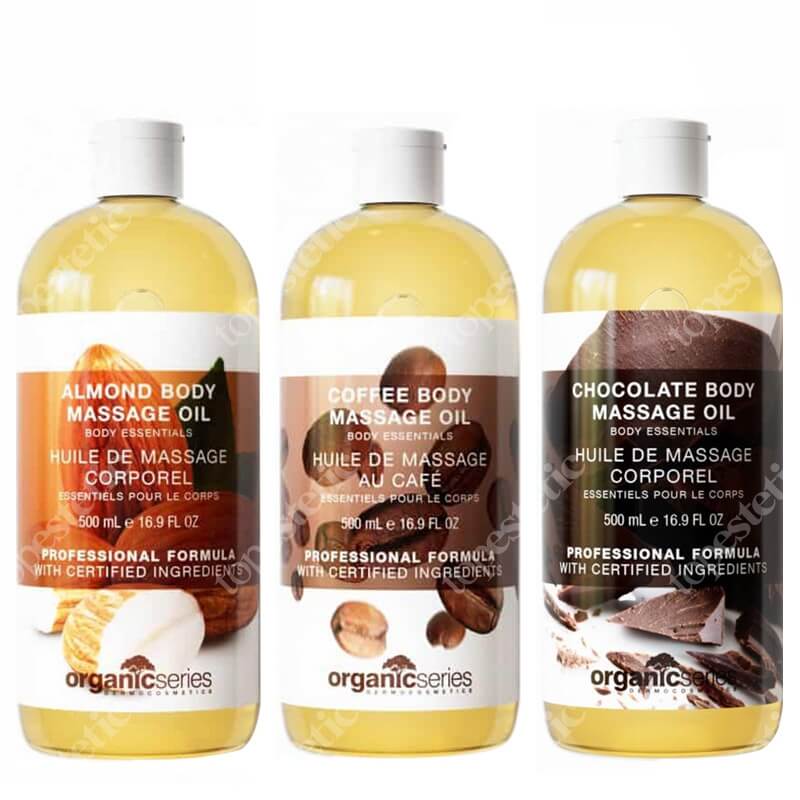 Organic Series Massage Body Oil Super Set ZESTAW Olejek do ciała migdałowy 500 ml + Olejek do ciała czekoladowy 500 ml + Olejek do ciała kawa espresso 500 ml