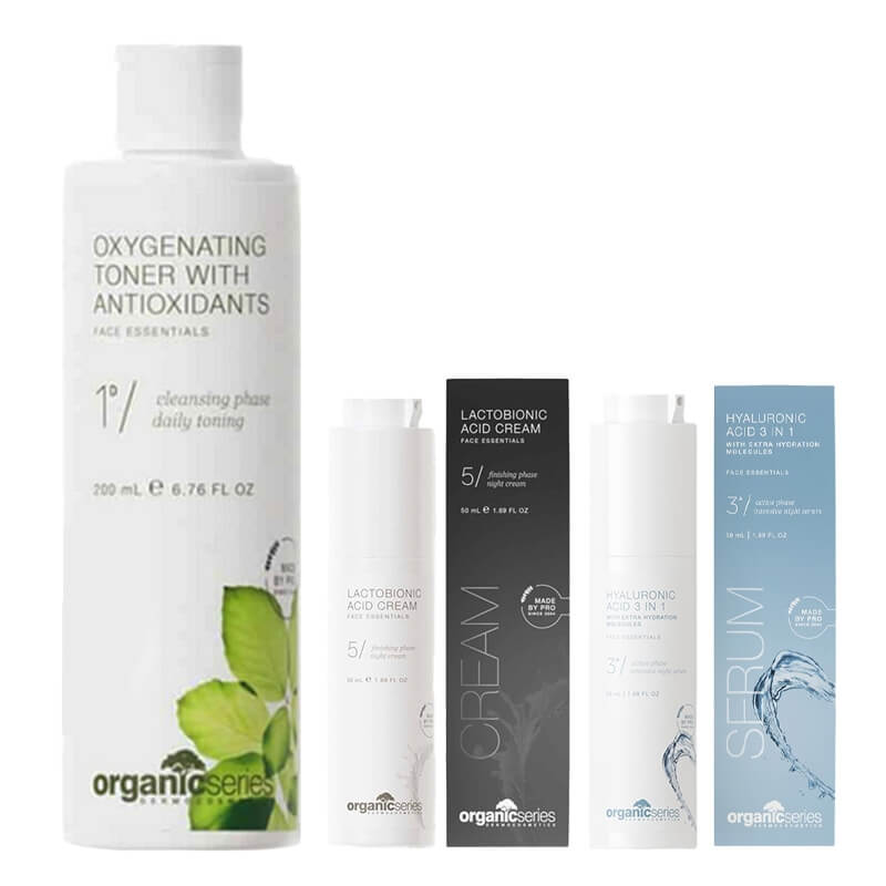 Organic Series Oxygenating And Hydrating Set ZESTAW Dotleniający tonik z antyoksydantami 200 ml + Krem z kwasem laktobionowym 50 ml + Kwas hialuronowy 3w1 50 ml