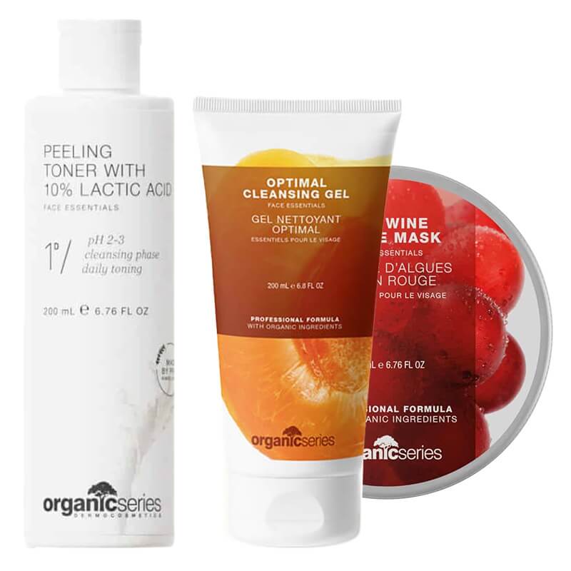 Organic Series Perfect Set ZESTAW Żel do mycia twarzy 200 ml + Złuszczający tonik z 10% kwasem mlekowym 200 ml + Maska algowa czerwone wino 200 ml