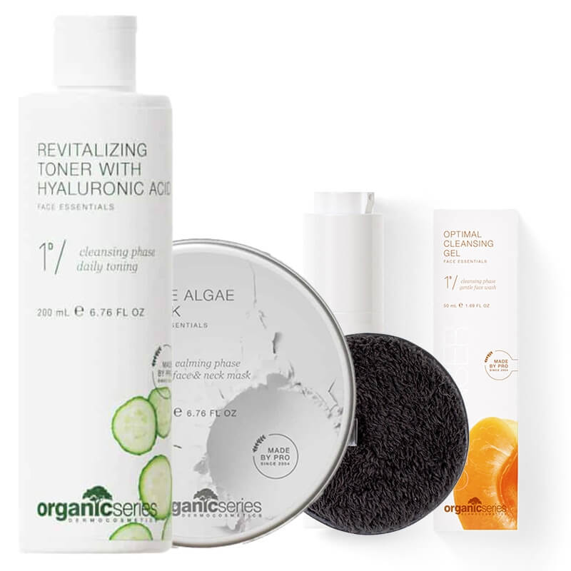 Organic Series Pure Skin ZESTAW Żel do mycia twarzy 50 ml + Tonik 200 ml + Gąbka do demakijażu 1 szt + Maska algowa 200 ml