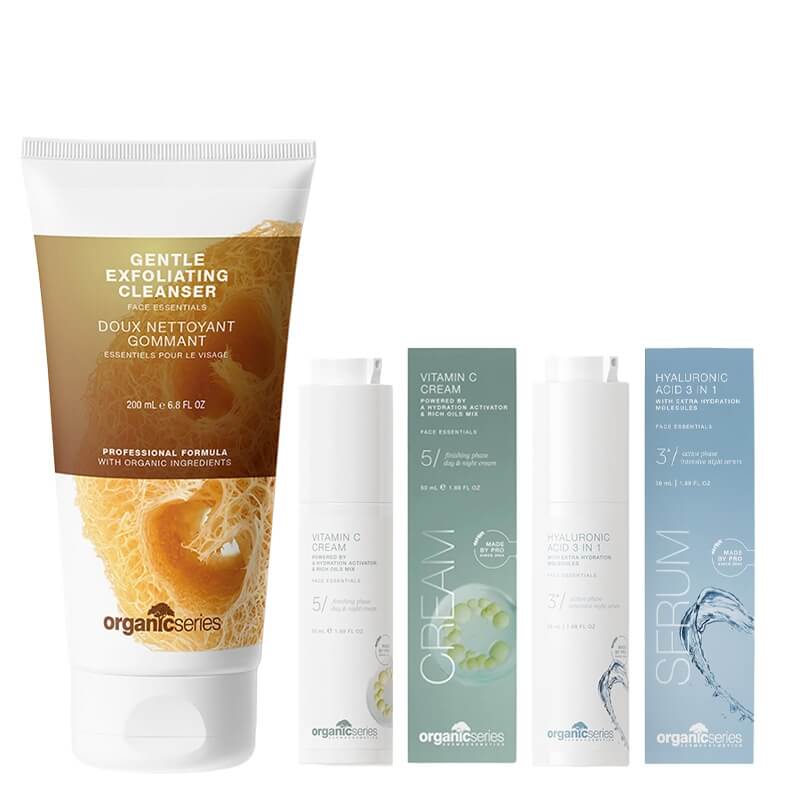 Organic Series Radiance Boost ZESTAW Peeling do mycia twarzy 200 ml + Krem z witaminą C 50 ml + Kwas hialuronowy 3w1 50 ml