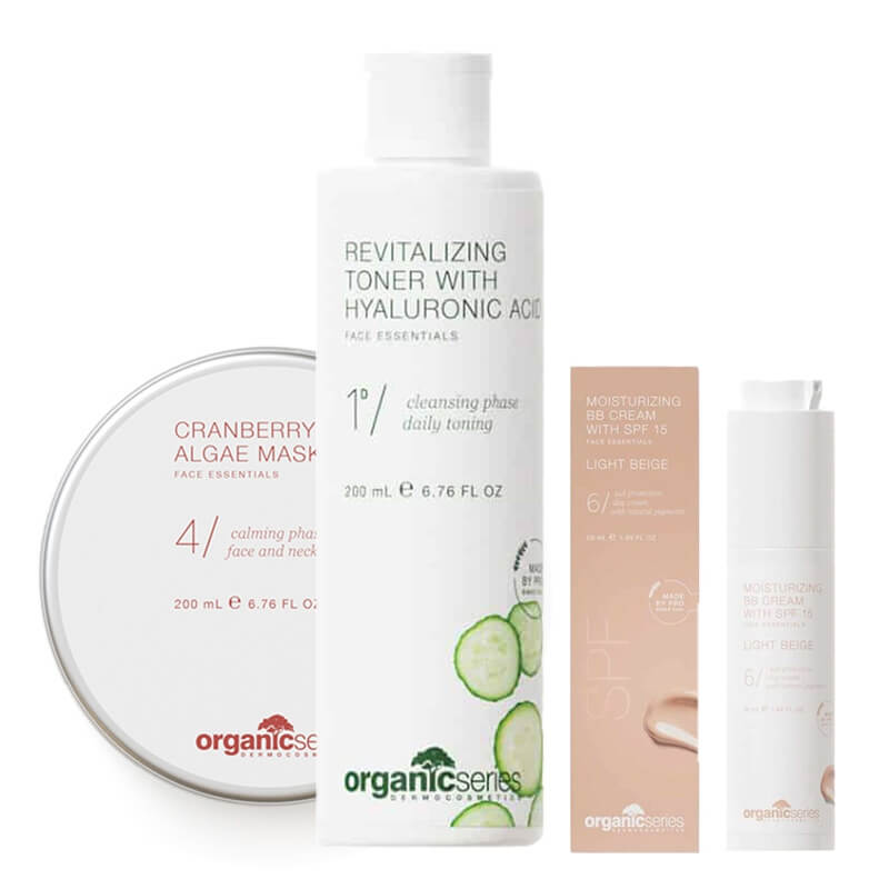 Organic Series Revitalizing Toner With Hyaluronic Acid + Cranberry Algae Mask + Moisturizing BB Cream With SPF 15 ZESTAW Rewitalizujący tonik z kwasem hialuronowym 200 ml + Maska algowa żurawinowa 200 ml + Krem BB z filtrem (kolor Light Beige) 50 ml