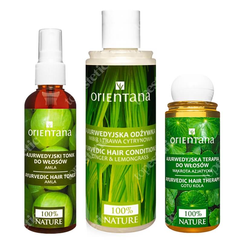 Orientana Ayurvedic Hair Toner + Natural Hair Conditioner + Ayurvedic Hair Therapy  ZESTAW Ajurwedyjski tonik do włosów 100 ml + Ajurwedyjska odżywka do włosów 210 ml + Ajurwedyjska terapia do włosów 105 ml